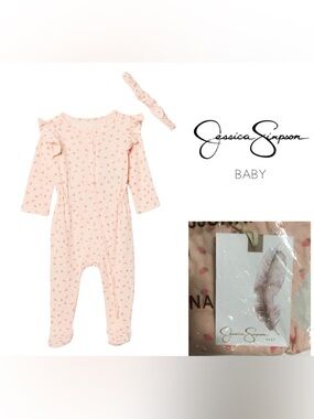 🆕JESSICA SIMPSON BABY - 6/9M - NWT - 2PC STRAWBERRY SLEEPER AND HEADBAND